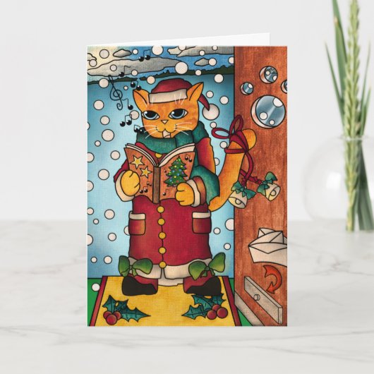 Cute Charming Kerstmis Carol Singer Cat Kaart (Voorkant)