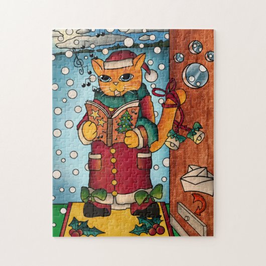 Cute Charming Kerstmis Carol Singer Cat Legpuzzel (Verticaal)