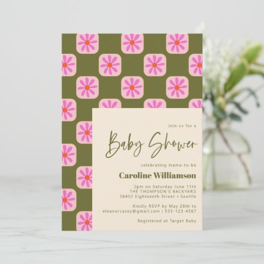 Cute Checkerboard Flower Green Roze Baby shower Kaart (Staand voorkant)