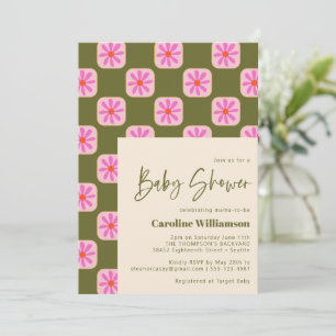 Cute Checkerboard Flower Green Roze Baby shower Kaart