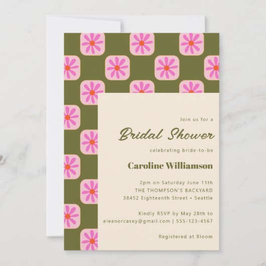 Cute Checkerboard Flower Green Roze Vrijgezellenfe Kaart (Voorkant)