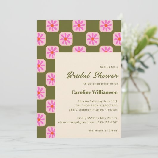 Cute Checkerboard Flower Green Roze Vrijgezellenfe Kaart (Staand voorkant)