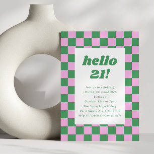 Cute Checkerboard Roze Groen 21e Verjaardagsfeestj Kaart