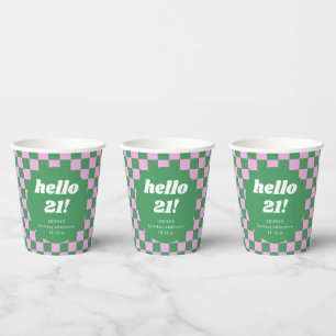 Cute Checkerboard Roze Groen 21ste Verjaardag Cust Papieren Bekers