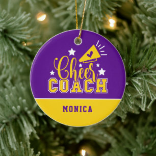 Cute Cheer Coach, gepersonaliseerd Paars en geel Keramisch Ornament