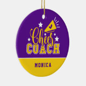 Cute Cheer Coach, gepersonaliseerd Paars en geel Keramisch Ornament (Rechts)