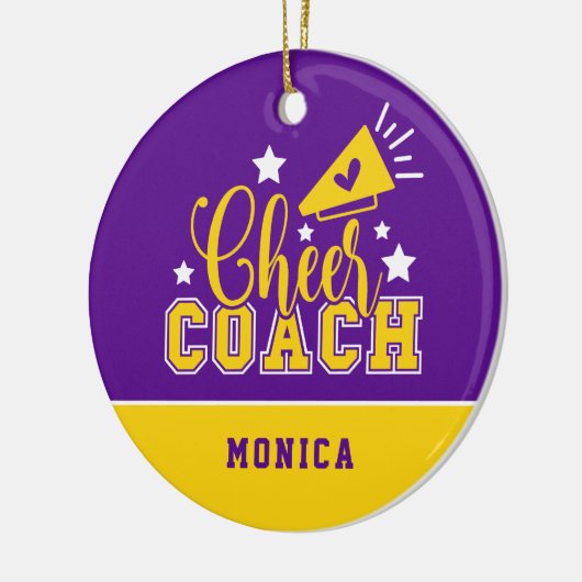 Cute Cheer Coach, gepersonaliseerd Paars en geel Keramisch Ornament (Links)