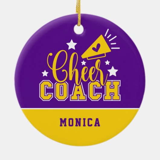 Cute Cheer Coach, gepersonaliseerd Paars en geel Keramisch Ornament (Achterkant)