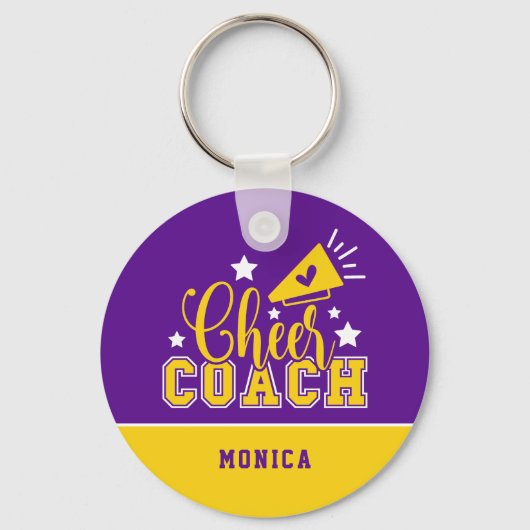 Cute Cheer Coach, gepersonaliseerd Paars en geel Sleutelhanger (Voorkant)