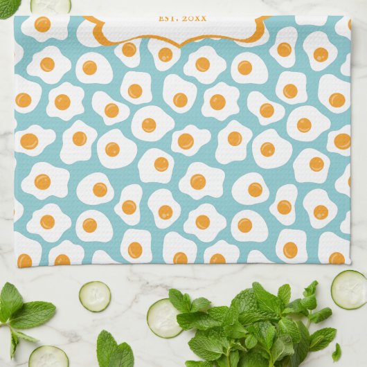 Cute Cheerful Eggs Pattern | Monogram Tea Towel Theedoek (Gevouwen)