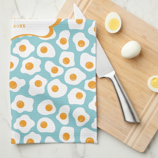 Cute Cheerful Eggs Pattern | Monogram Tea Towel Theedoek (Quarter Fold)