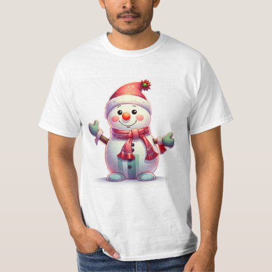 Cute Cheerful Snowman Wearing Santa Hat and Scarf T-shirt (Voorkant)