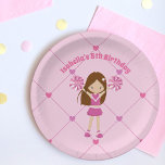 Cute Cheerleader Pink Custom Kids Birthday Party Papieren Bordje<br><div class="desc">Dit schattige,  aangepaste verjaardagsfeestje bord is voorzien van een tekening van een  brunette cheerleader in een vrolijk uniform met roze pompjes. Pas dit schattige kinderverjaardagdecor aan met de naam van je meisje tussen het leuke hartpatroon.</div>