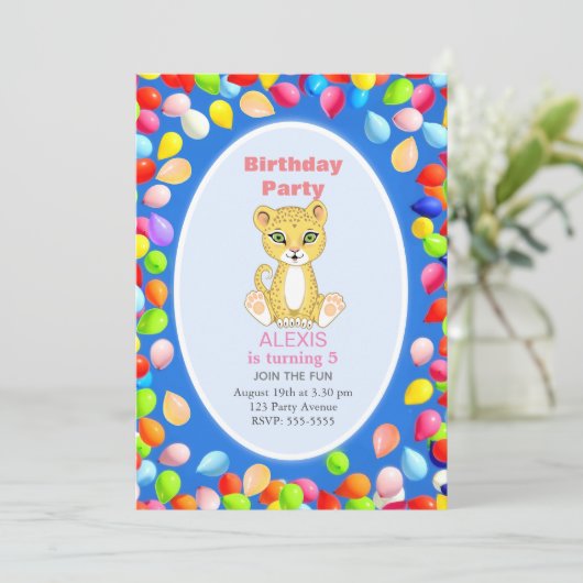 Cute Cheetah & Balloons 5e verjaardag Kaart (Staand voorkant)