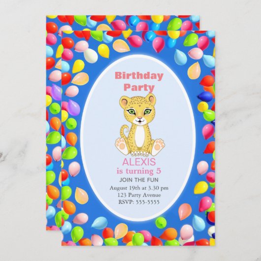 Cute Cheetah & Balloons 5e verjaardag Kaart (Voorkant / Achterkant)