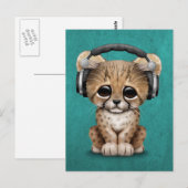 Cute Cheetah Cub Dj die hoofdtelefoons op blauw dr Briefkaart (Voorkant / Achterkant)