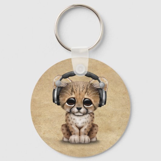 Cute Cheetah Cub Dj met hoofdtelefoon Sleutelhanger (Voorkant)