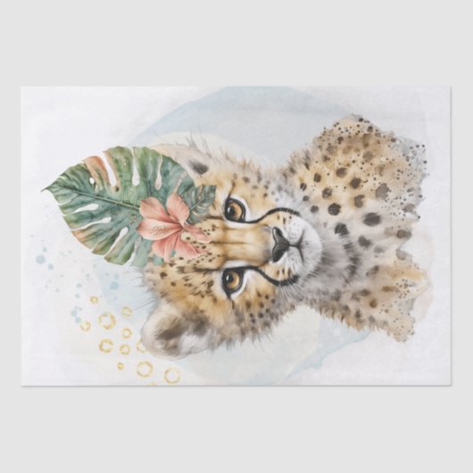 Cute Cheetah Cub Floral Wilde Cat Waterverf Tissuepapier (Voorkant)
