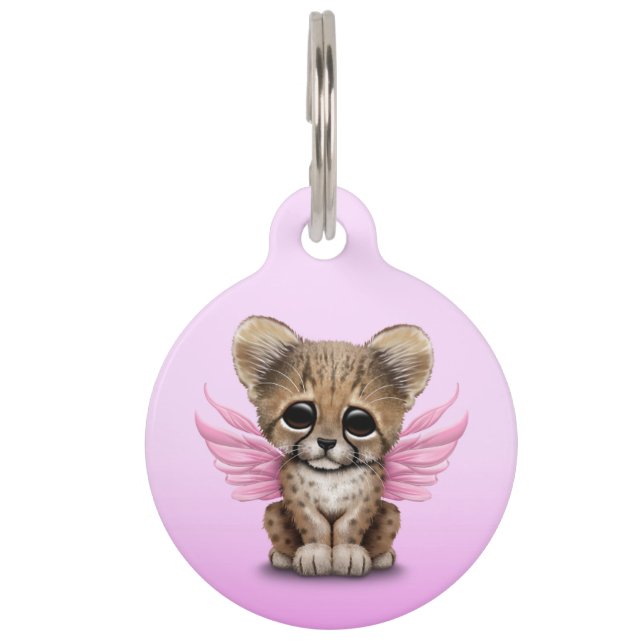 Cute Cheetah Cub met Fairy Wings op Roze Huisdierpenning (Voorkant)