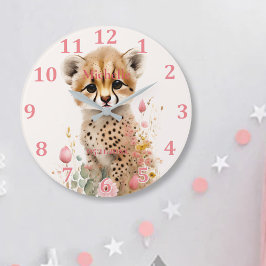 Cute Cheetah Cub Pastel Waterverf Spring Flowers Grote Klok