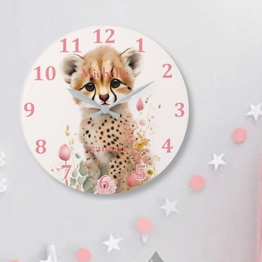 Cute Cheetah Cub Pastel Waterverf Spring Flowers Grote Klok