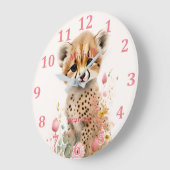 Cute Cheetah Cub Pastel Waterverf Spring Flowers Grote Klok (Hoek)