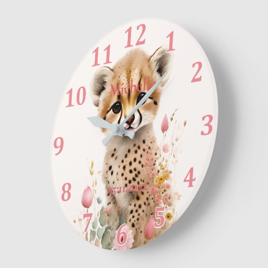 Cute Cheetah Cub Pastel Waterverf Spring Flowers Grote Klok (Hoek)