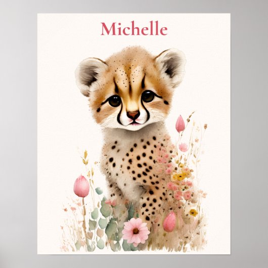 Cute Cheetah Cub Pastel Waterverf Spring Flowers Poster (Voorkant)