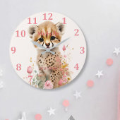 Cute Cheetah Cub Pastel Waterverf Spring Flowers Ronde Klok