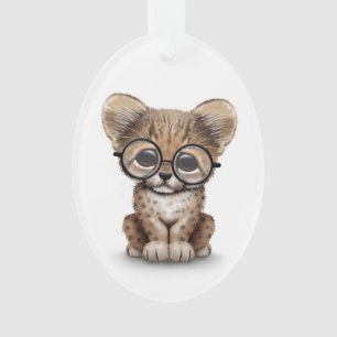 Cute Cheetah Cub Wearing Glasses on White Ornament