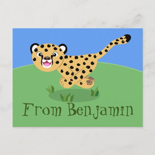 Cute cheetah lopende cartoon illustratie briefkaart (Voorkant)
