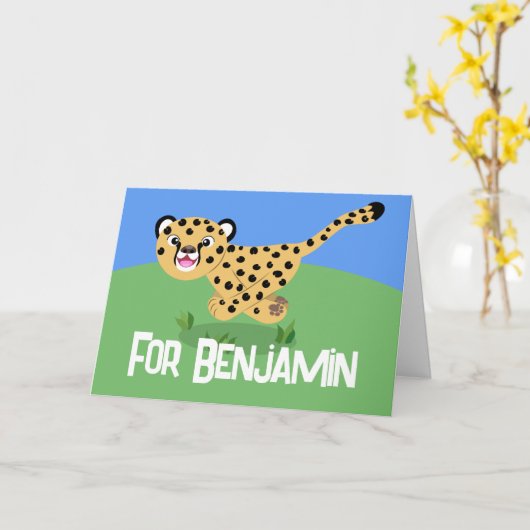 Cute cheetah lopende cartoon illustratie kaart (Gele Bloem)