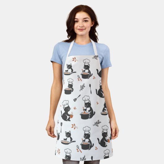 Cute Chef Cat Black and White Pattern Apron Schort (Gedragen)