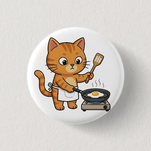 Cute Chef Cat Frying Egg Button (Voorkant)