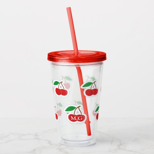 Cute Cherries Pattern Monogram Acryl Drinkbeker (Links)