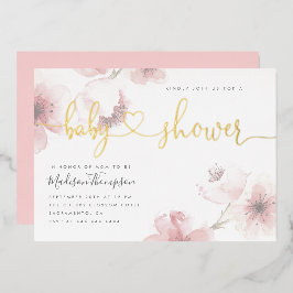 Cute Cherry Blossom Gold Script Floral Baby shower Folie Uitnodiging