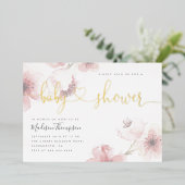 Cute Cherry Blossom Gold Script Floral Baby shower Folie Uitnodiging (Staand Voorkant)