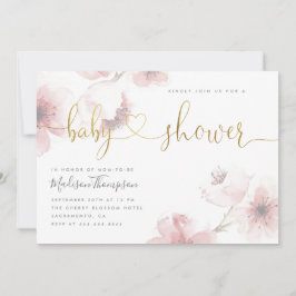 Cute Cherry Blossom Gold Script Floral Baby shower Kaart