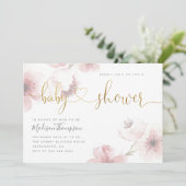 Cute Cherry Blossom Gold Script Floral Baby shower Kaart (Staand voorkant)