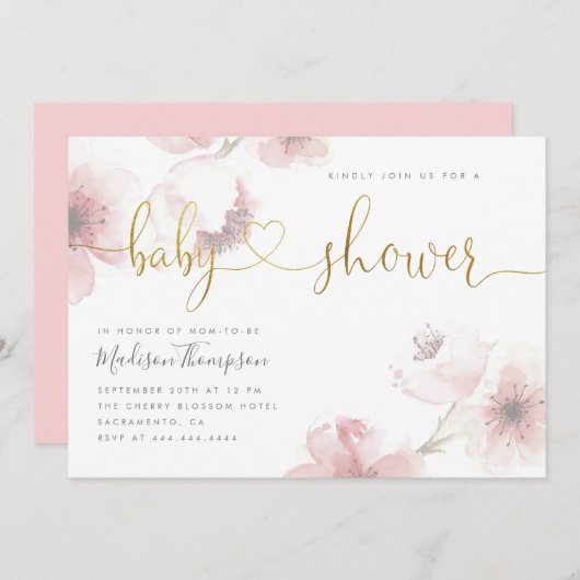 Cute Cherry Blossom Gold Script Floral Baby shower Kaart (Voorkant / Achterkant)