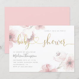 Cute Cherry Blossom Gold Script Floral Baby shower Kaart