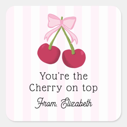 Cute Cherry Bow Pink Stripes Coquette Aesthetic Vierkante Sticker (Voorkant)