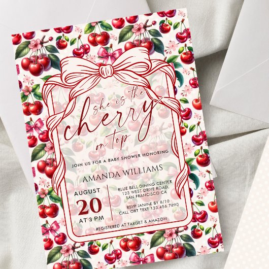 Cute Cherry Bow Themed Baby Shower Invitation Kaart