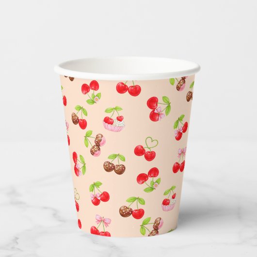 Cute Cherry Dessert Pattern Sweet Party Aesthetic Papieren Bekers (Voorkant)