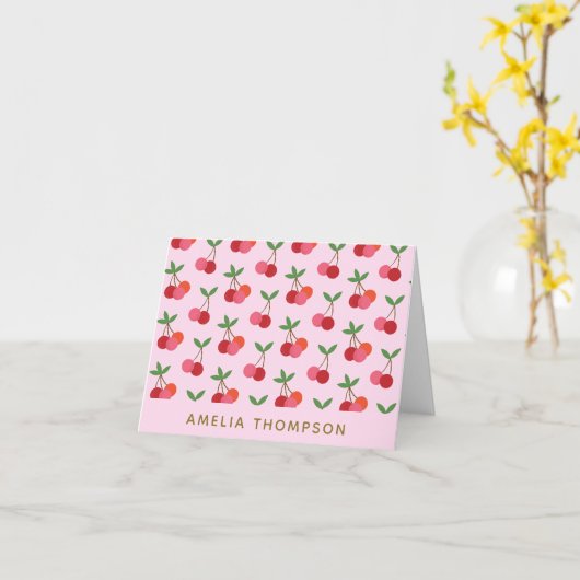 Cute Cherry Fruit Pattern Red Roze gepersonaliseer Kaart (Gele Bloem)