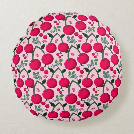 Cute Cherry  Pattern, Glossy Kawaii Fruit Rond Kussen (Voorkant)