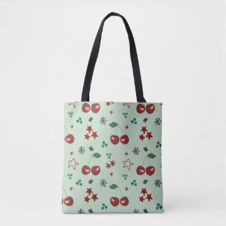Cute Cherry Pattern Mint Green Cottagecore Tote Bag