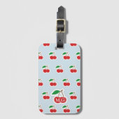 Cute Cherry Pattern op Light Blue Monogram Bagagelabel (Voorkant (verticaal))