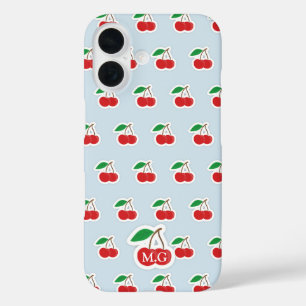 Cute Cherry Pattern op Light Blue Monogram iPhone 16 Hoesje