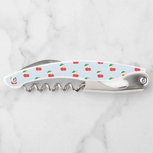 Cute Cherry Stems op Light Blue Monogram Kurkentrekker (Achterkant)